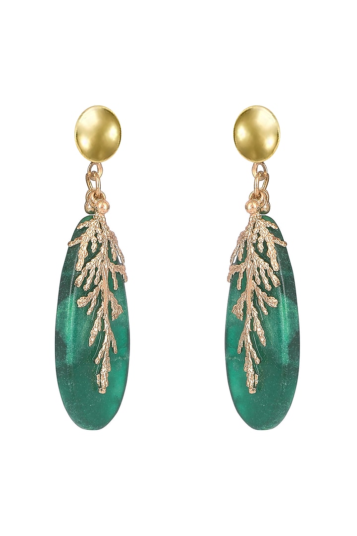 Gold Finish Green Enameled Handcrafted Dangler Earrings by House of Tuhina at Pernia's Pop Up Shop