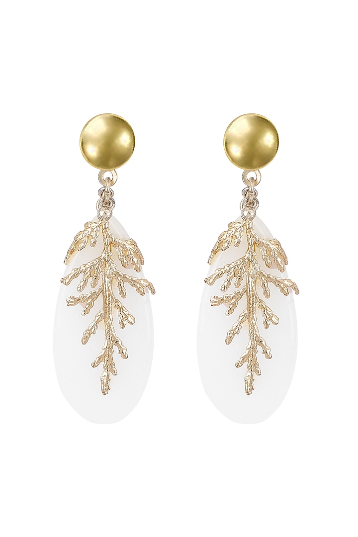 Gold Finish White Quartz Leaf Earrings by House Of Tuhina at Pernia's Pop Up Shop