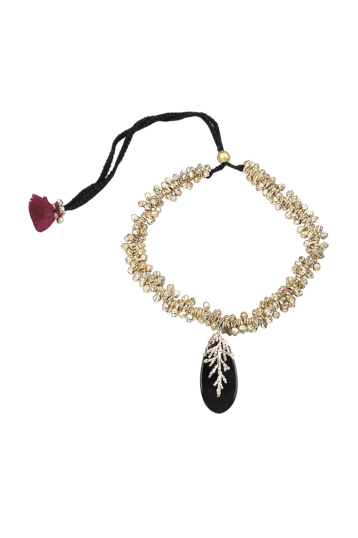 Gold Finish Black Leaf Shaped Quartz Stone Enameled Handcrafted Choker Necklace by House of Tuhina at Pernia's Pop Up Shop