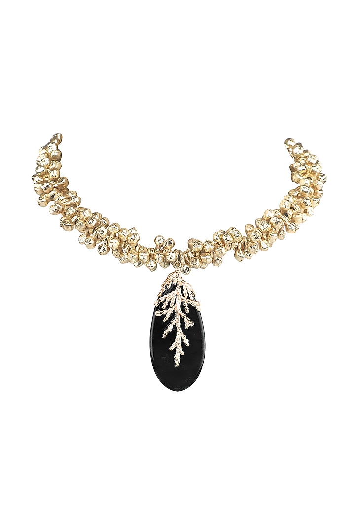 Gold Finish Black Leaf Shaped Quartz Stone Enameled Handcrafted Choker Necklace by House of Tuhina at Pernia's Pop Up Shop