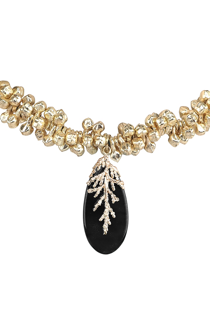 Gold Finish Black Leaf Shaped Quartz Stone Enameled Handcrafted Choker Necklace by House of Tuhina at Pernia's Pop Up Shop