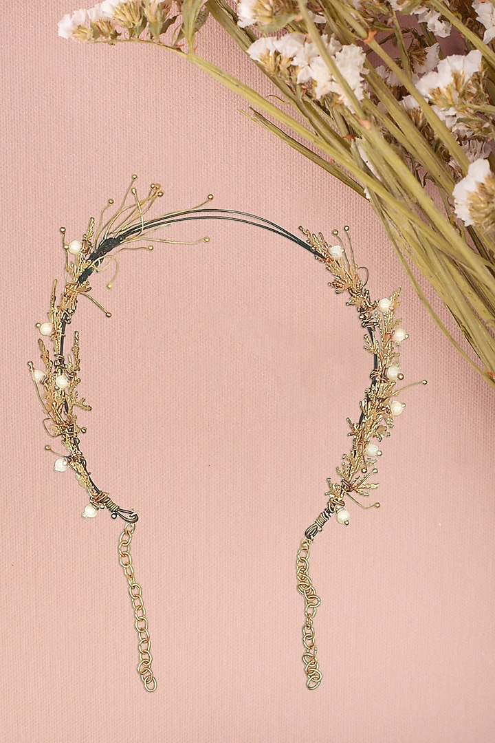 Gold Finish Freshwater Pearl Adjustable Headband by House of Tuhina at Pernia's Pop Up Shop