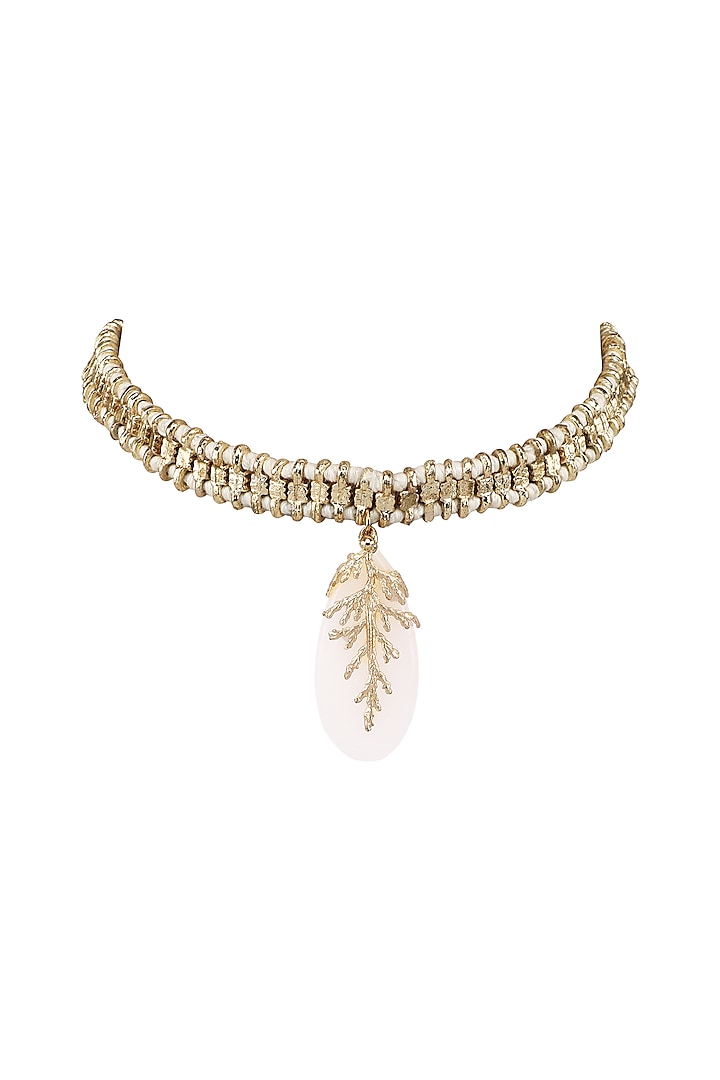 Gold Finish White Quartz Leaf Choker Necklace by House Of Tuhina at Pernia's Pop Up Shop