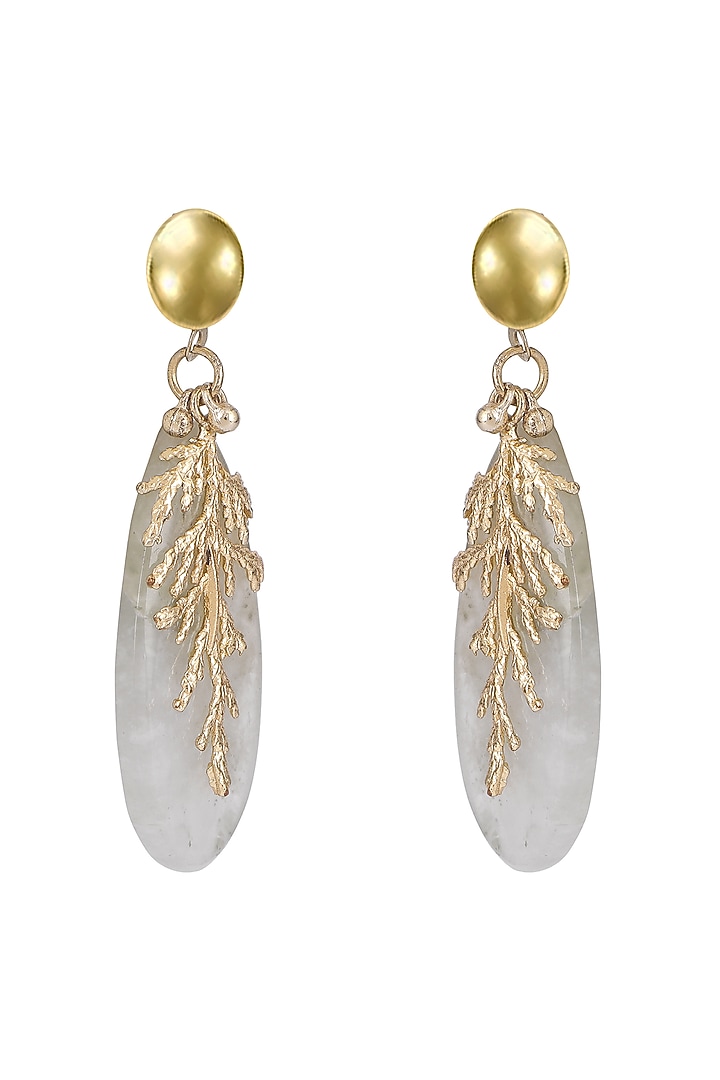 Gold Finish Grey Quartz Stone Enameled Handcrafted Dangler Earrings by House of Tuhina at Pernia's Pop Up Shop