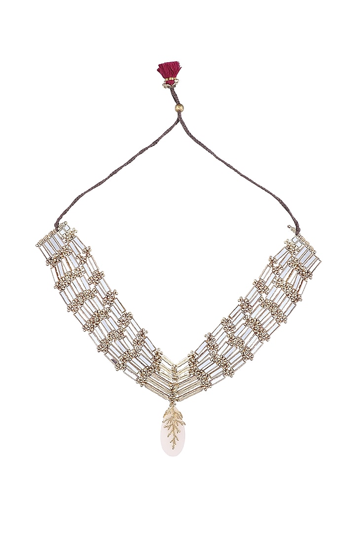 Gold Finish White Enameled Quartz Stone Handcrafted Choker Necklace by House of Tuhina at Pernia's Pop Up Shop