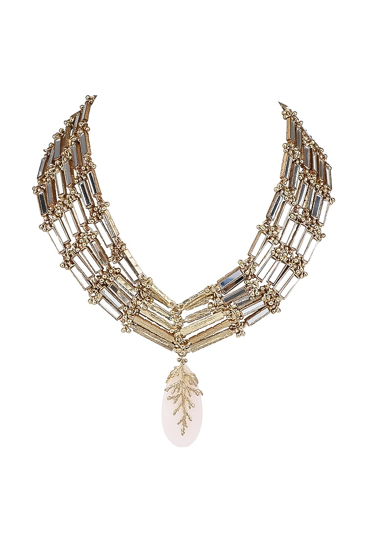 Gold Finish White Enameled Quartz Stone Handcrafted Choker Necklace by House of Tuhina at Pernia's Pop Up Shop