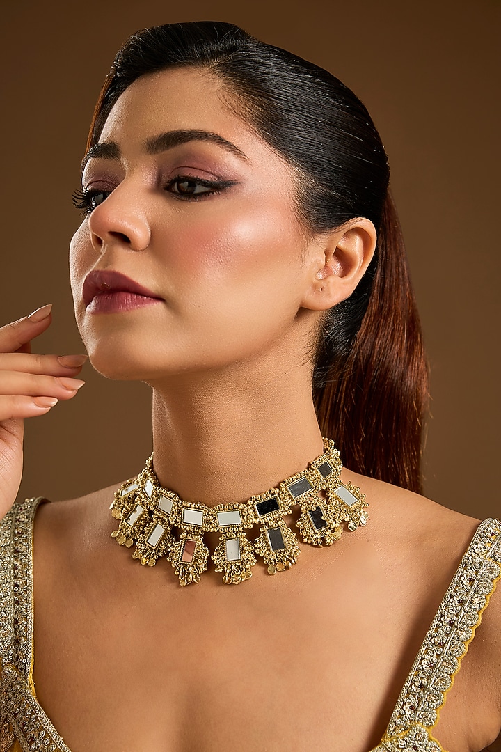 Gold Finish Cut Mirror Necklace by House Of Tuhina at Pernia's Pop Up Shop