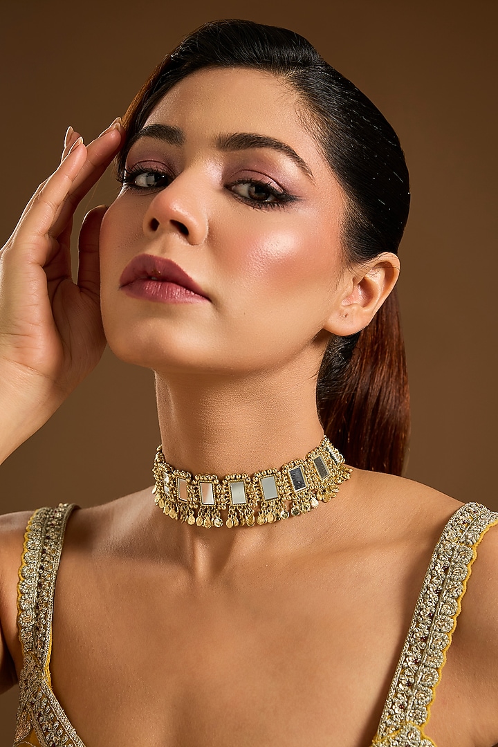 Gold Finish Cut Mirror Necklace by House Of Tuhina at Pernia's Pop Up Shop
