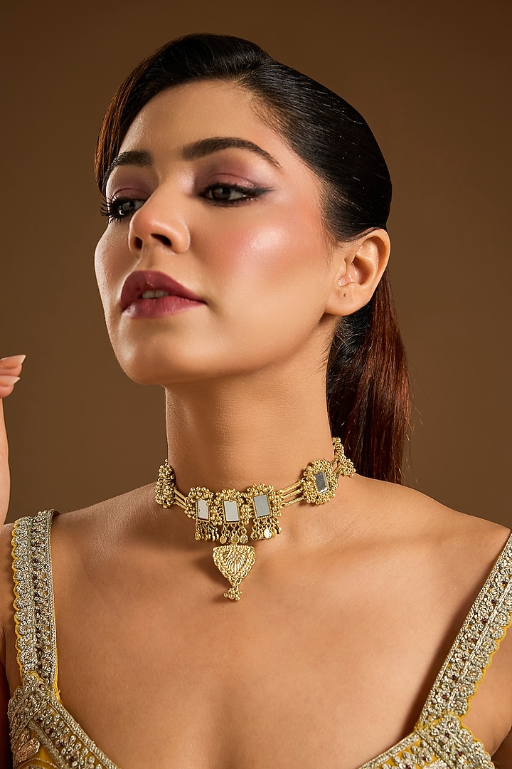 Gold Finish Cut Mirror Necklace by House Of Tuhina at Pernia's Pop Up Shop