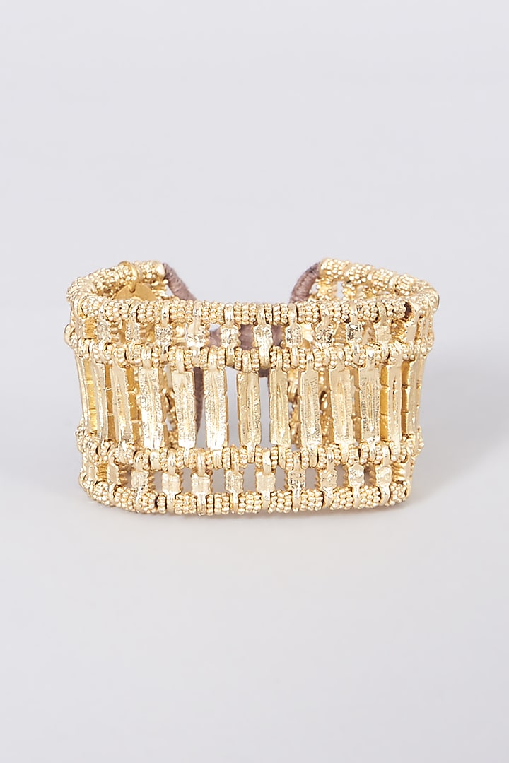 Gold Finish Hand-Knotted Reversible Bracelet In Mixed Metal by House of Tuhina at Pernia's Pop Up Shop