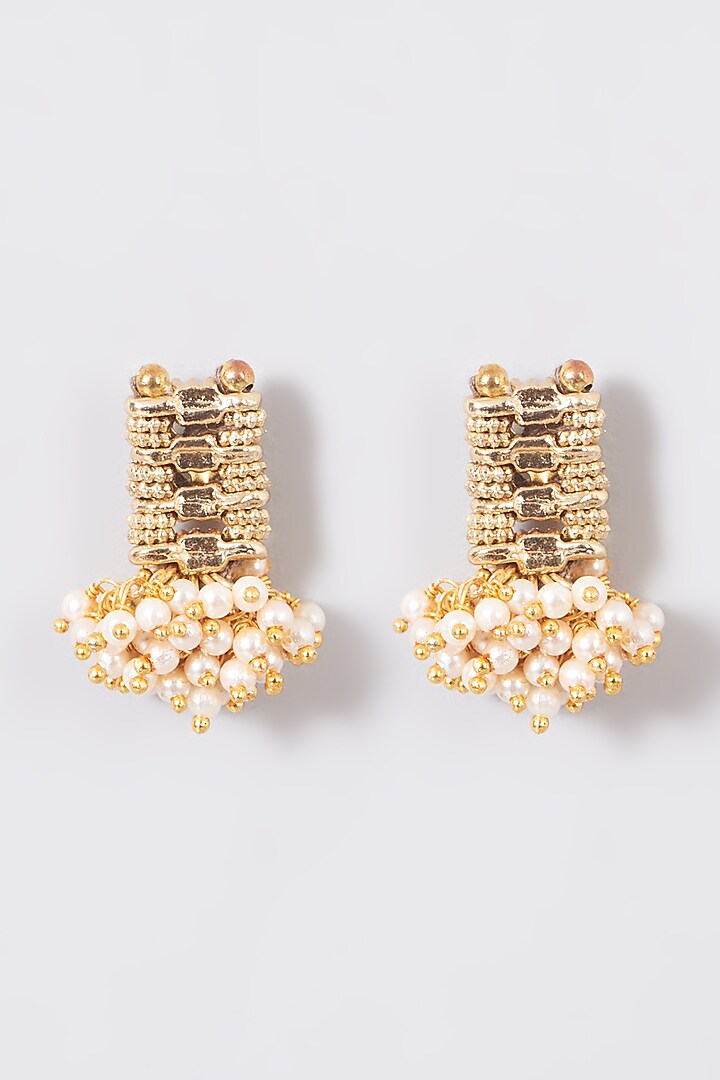 Gold Finish Pearl Hand-Knotted Earrings by House of Tuhina at Pernia's Pop Up Shop