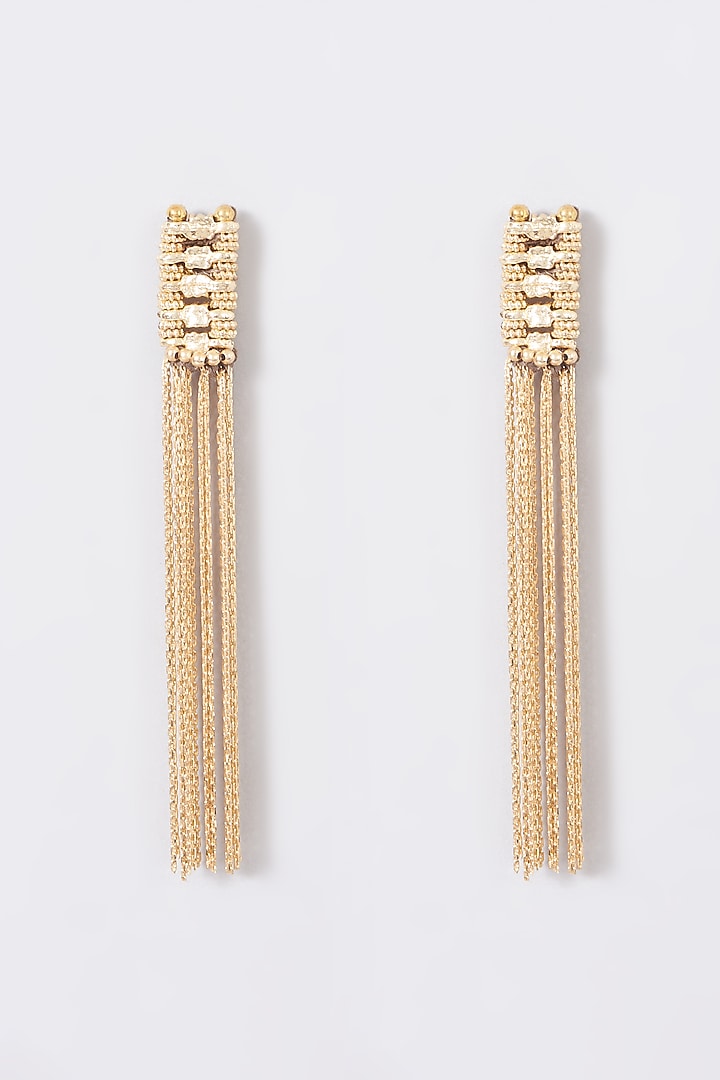 Gold Finish Hand-Knotted Fringe Earrings by House of Tuhina at Pernia's Pop Up Shop