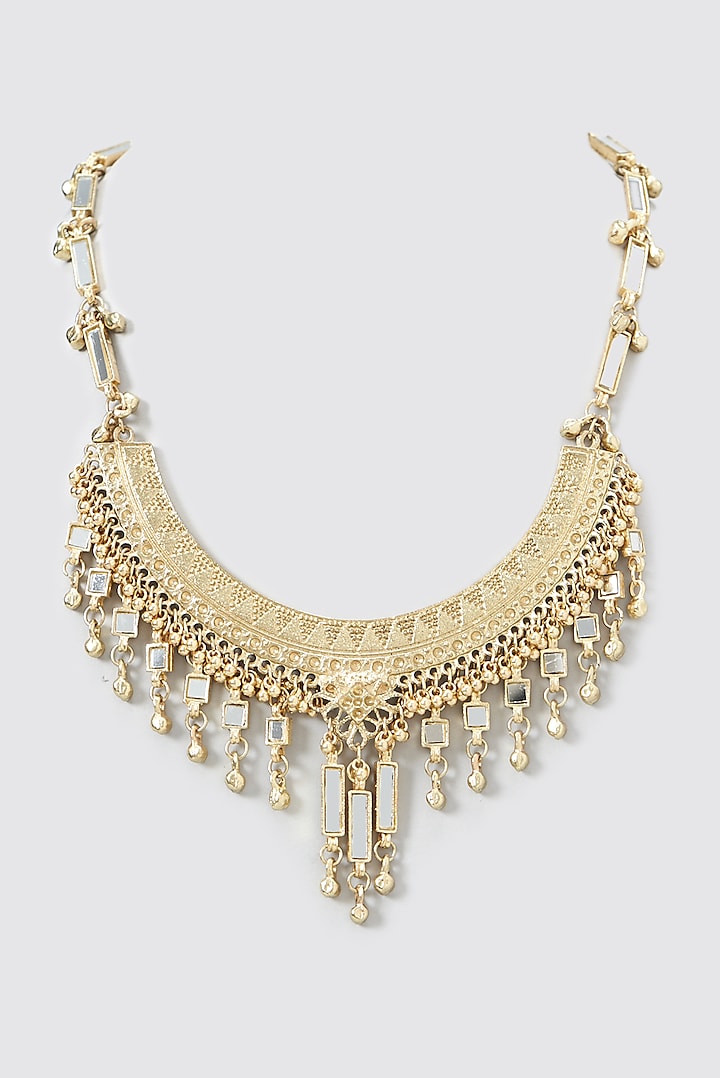 Gold Finish Cotton Thread & Mirror Half Moon Necklace by House of Tuhina
