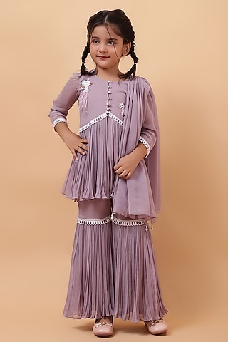 Lavender Chanderi Silk Motif Hand Embroidered Kurta Set For Girls by House of Tushaom - Kids