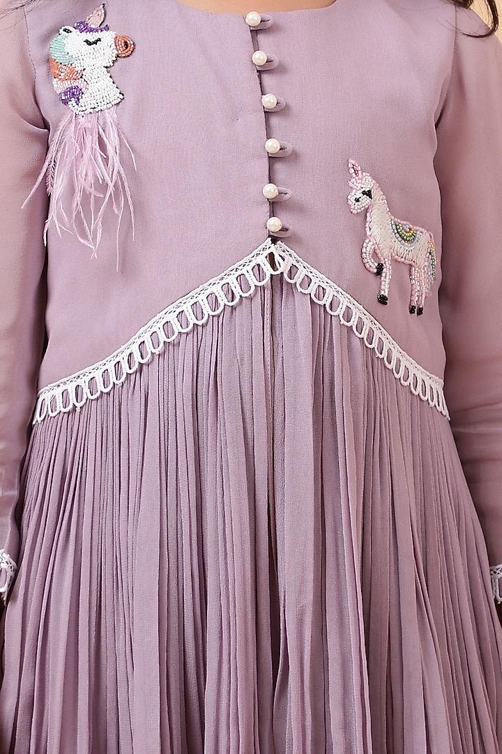 Lavender Chanderi Silk Motif Hand Embroidered Kurta Set For Girls by House of Tushaom - Kids at Pernia's Pop Up Shop