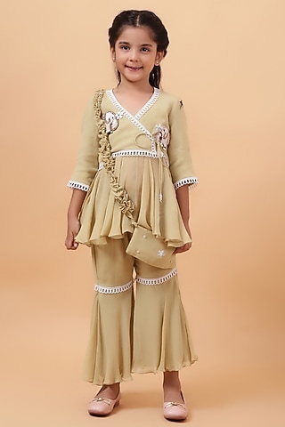 Yellow Chanderi Silk Motif Hand Embroidered Kurta Set For Girls by House of Tushaom - Kids