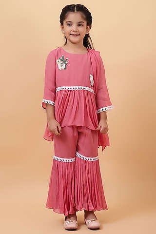 Blush Pink Chanderi Silk Motif Hand Embroidered Kurta Set For Girls by House of Tushaom - Kids
