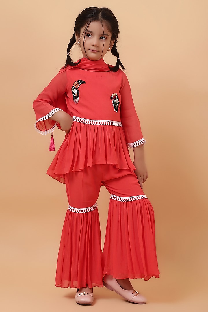 Coral Chanderi Silk Motif Hand Embroidered Kurta Set For Girls by House of Tushaom - Kids at Pernia's Pop Up Shop