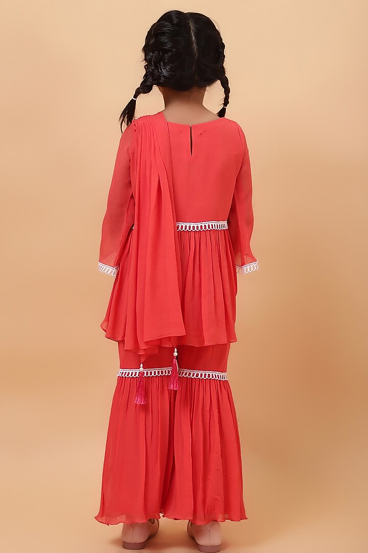 Coral Chanderi Silk Motif Hand Embroidered Kurta Set For Girls by House of Tushaom - Kids at Pernia's Pop Up Shop