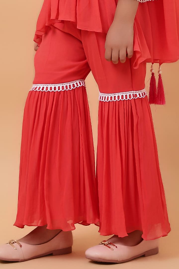 Coral Chanderi Silk Motif Hand Embroidered Kurta Set For Girls by House of Tushaom - Kids at Pernia's Pop Up Shop