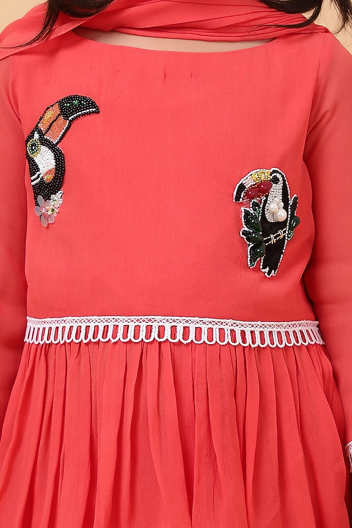 Coral Chanderi Silk Motif Hand Embroidered Kurta Set For Girls by House of Tushaom - Kids at Pernia's Pop Up Shop
