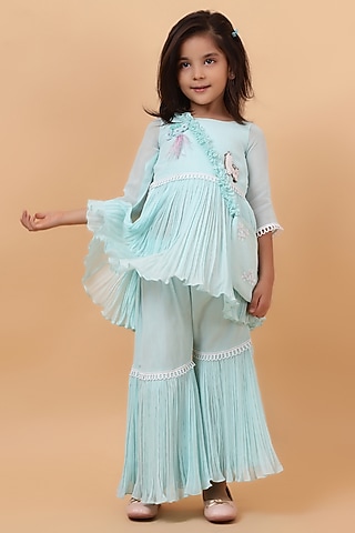 Powder Blue Chanderi Silk Motif Hand Embroidered Kurta Set For Girls by House of Tushaom - Kids