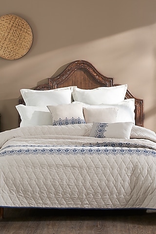 Natural Blue Cambric Embroidered Bedcover Set by HOUMN