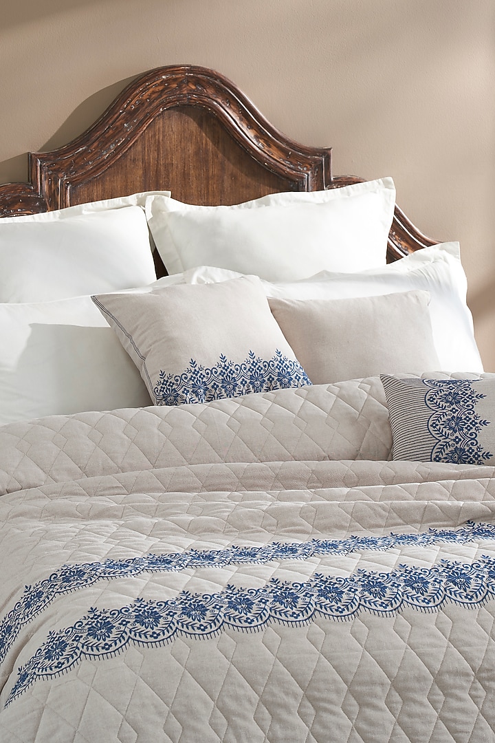 Natural Blue Cambric Embroidered Bedcover Set by HOUMN at Pernia's Pop Up Shop