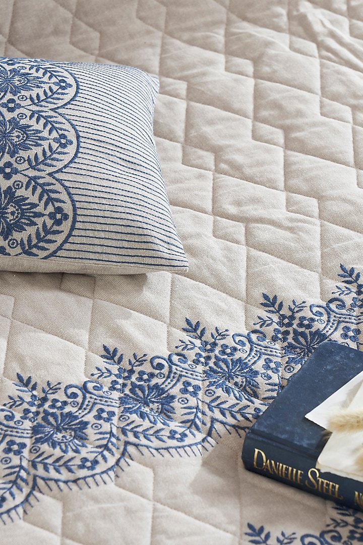 Natural Blue Cambric Embroidered Bedcover Set by HOUMN at Pernia's Pop Up Shop