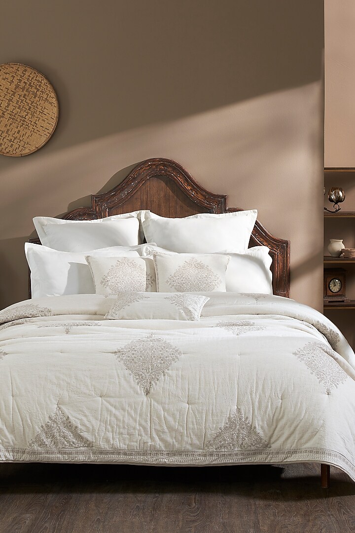 Ecru & Cream Cambric Embroidered Bedcover Set by HOUMN