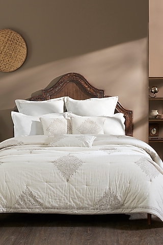 Ecru & Cream Cambric Embroidered Bedcover Set by HOUMN