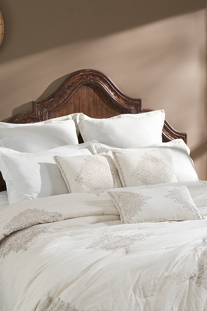 Ecru & Cream Cambric Embroidered Bedcover Set by HOUMN at Pernia's Pop Up Shop