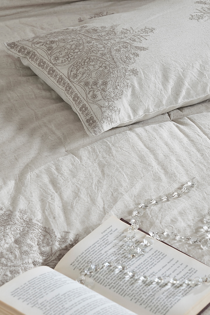 Ecru & Cream Cambric Embroidered Bedcover Set by HOUMN at Pernia's Pop Up Shop