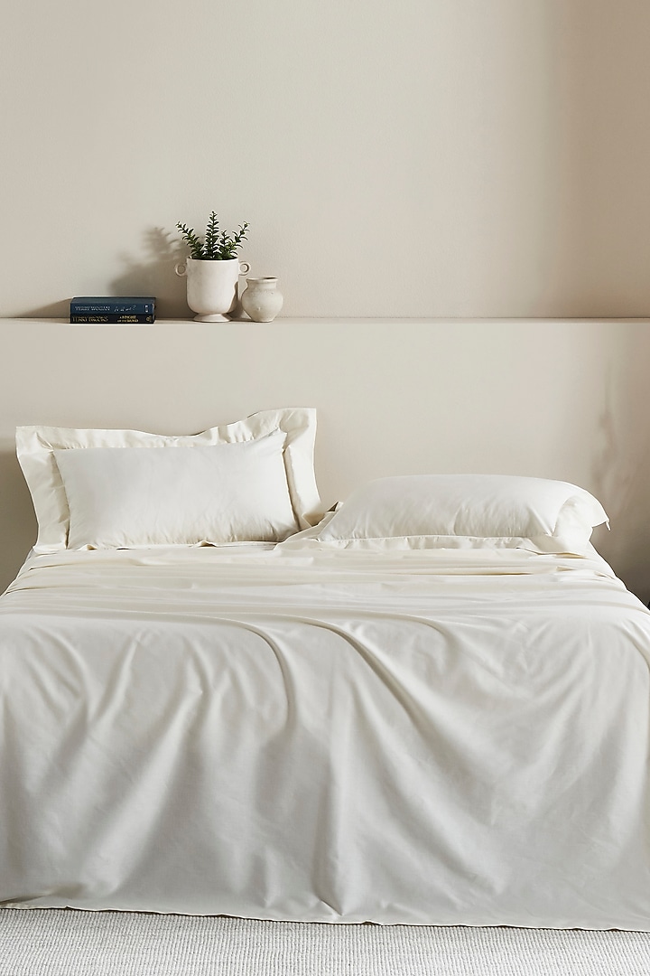 Ecru & Cream Cambric Embroidered Bedcover Set by HOUMN at Pernia's Pop Up Shop