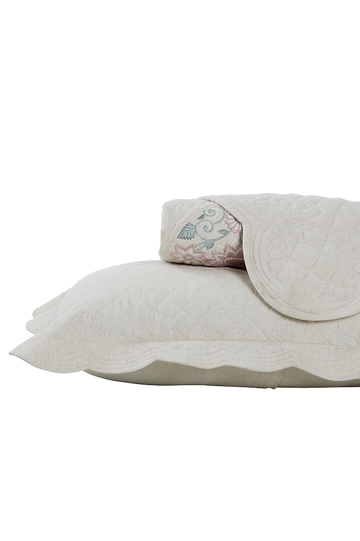 White & Pink Cotton Flex Fabric Embroidered Bedcover Set by HOUMN at Pernia's Pop Up Shop