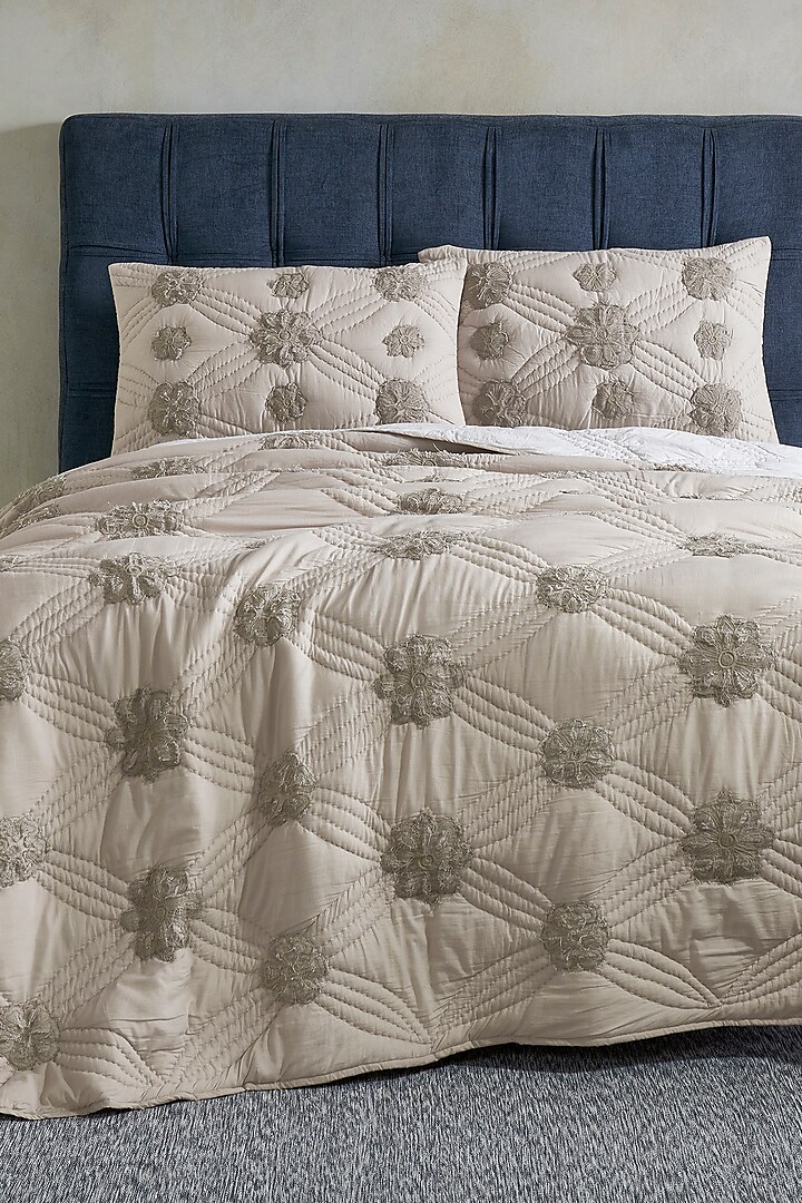 Grey & White Cotton Embroidered Bedcover Set by HOUMN at Pernia's Pop Up Shop