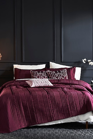 Plum Silk Embroidered Bedcover Set by HOUMN