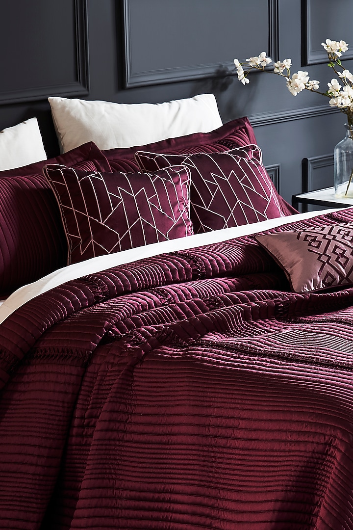 Plum Silk Embroidered Bedcover Set by HOUMN at Pernia's Pop Up Shop