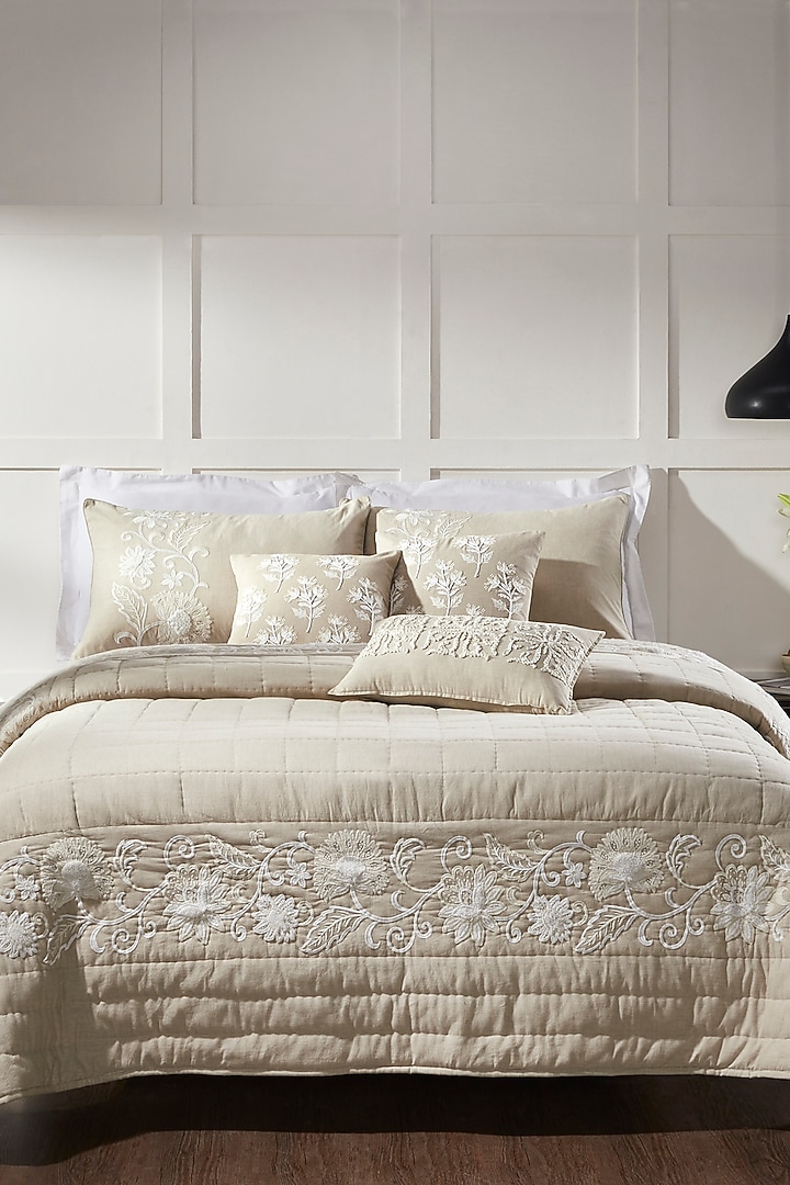 Beige Linen & Cotton Embroidered Bedcover Set by HOUMN at Pernia's Pop Up Shop