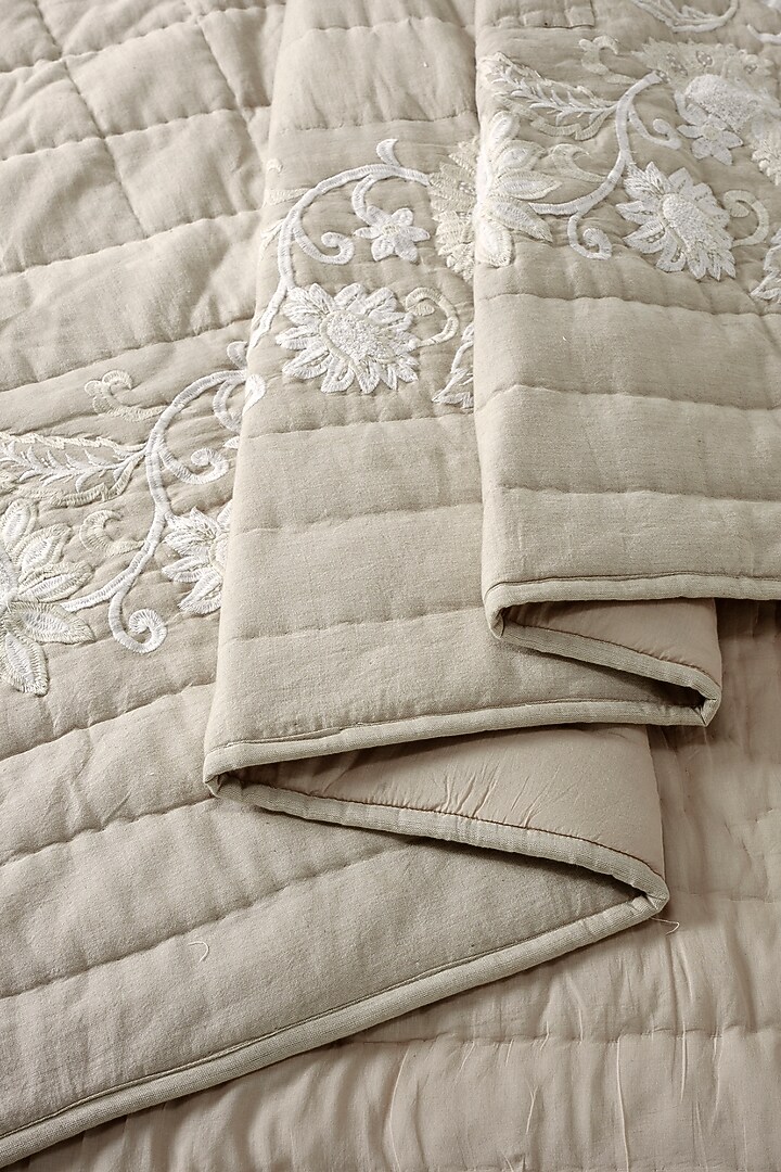 Beige Linen & Cotton Embroidered Bedcover Set by HOUMN at Pernia's Pop Up Shop