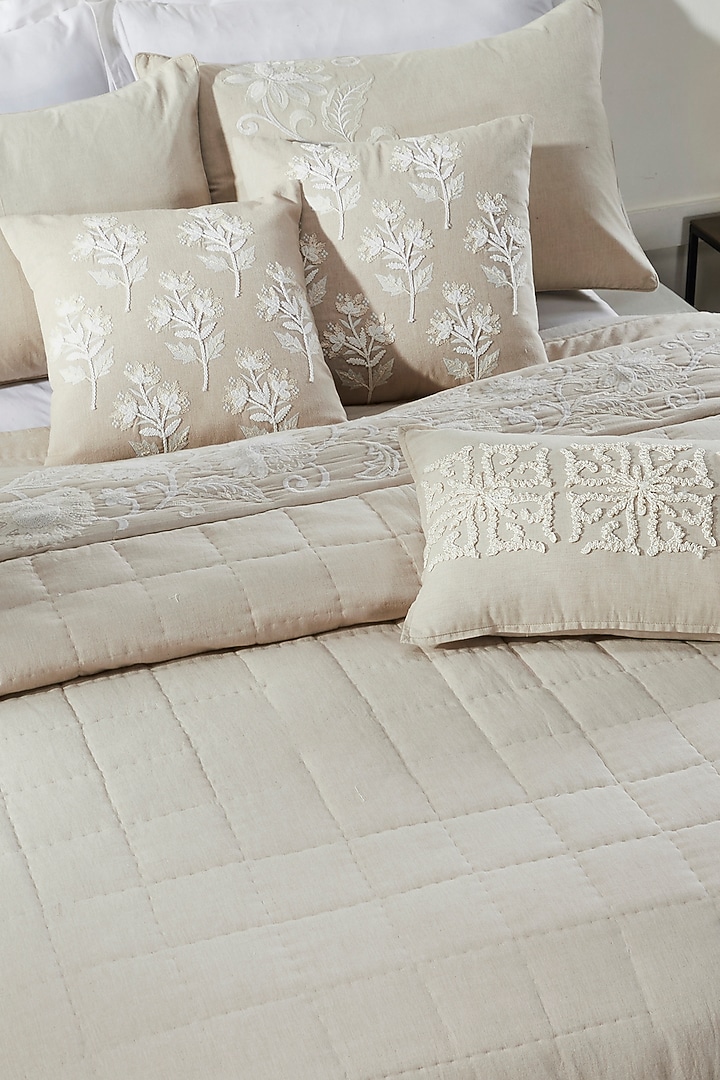 Beige Linen & Cotton Embroidered Bedcover Set by HOUMN at Pernia's Pop Up Shop