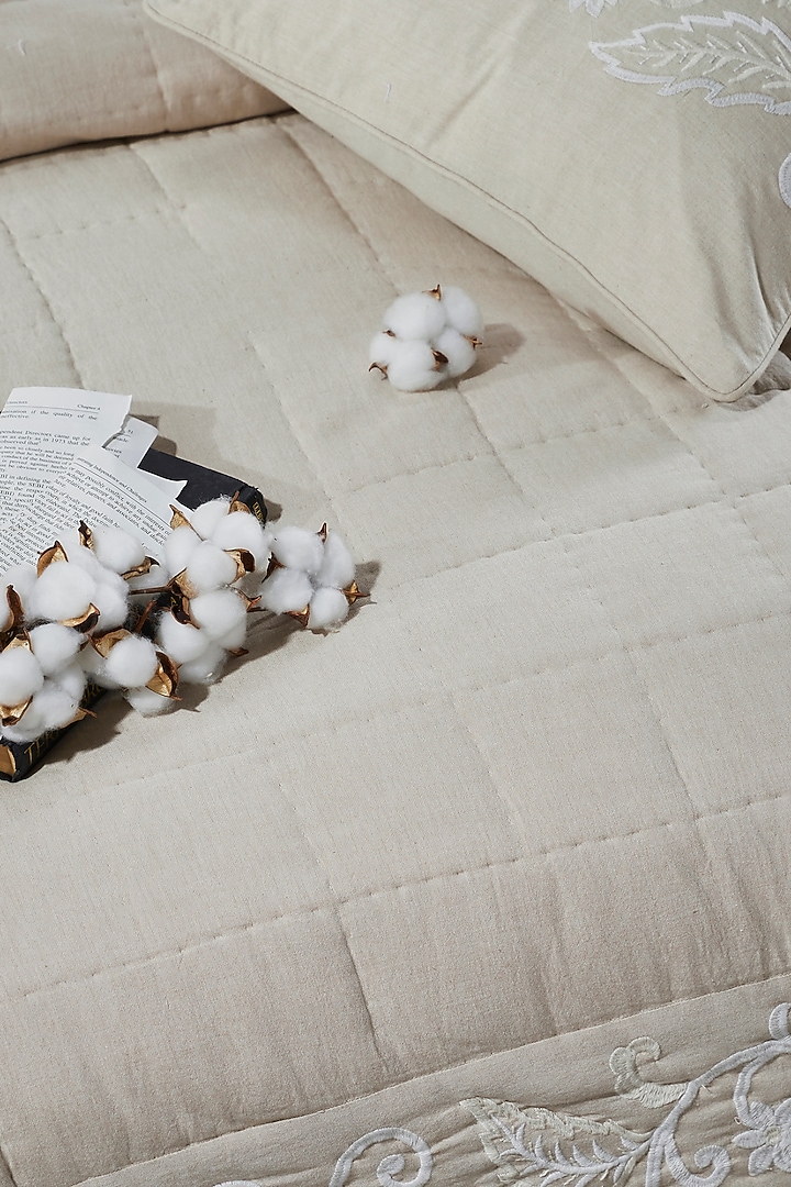 Beige Linen & Cotton Embroidered Bedcover Set by HOUMN at Pernia's Pop Up Shop