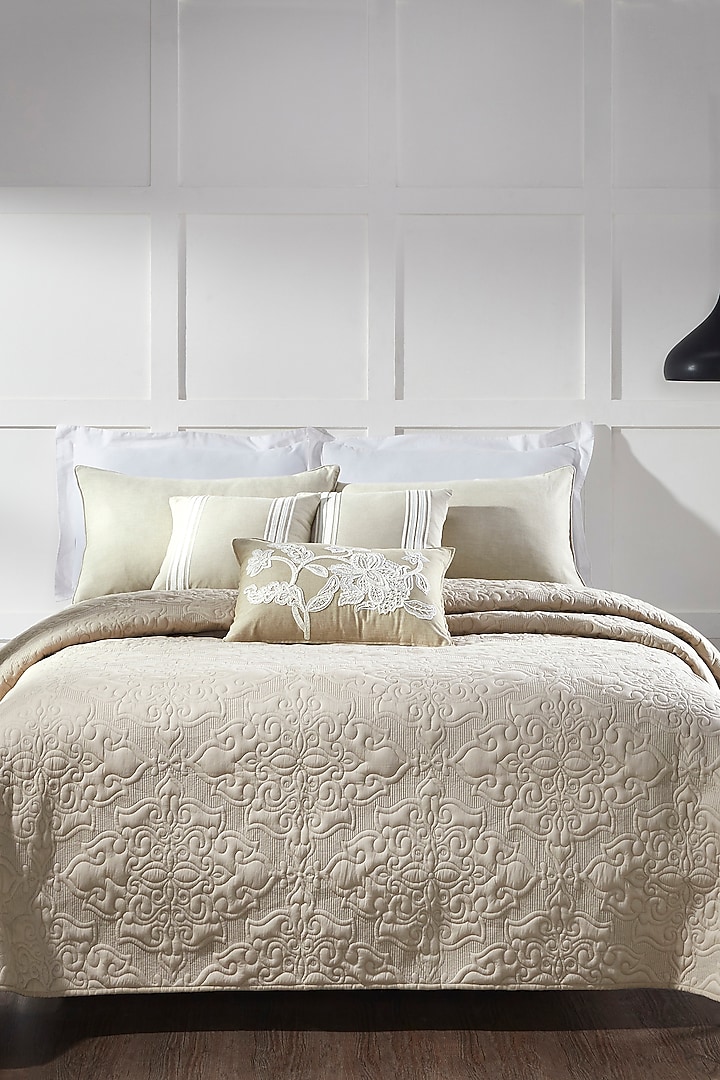 Beige Linen & Cotton Embroidered Bedcover Set by HOUMN at Pernia's Pop Up Shop