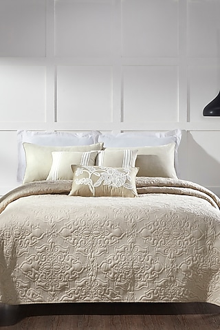 Beige Linen & Cotton Embroidered Bedcover Set by HOUMN