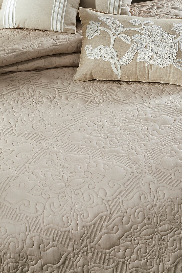 Beige Linen & Cotton Embroidered Bedcover Set by HOUMN at Pernia's Pop Up Shop