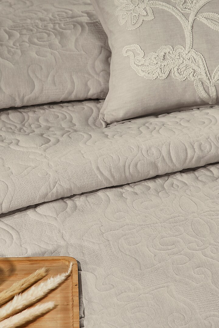 Beige Linen & Cotton Embroidered Bedcover Set by HOUMN at Pernia's Pop Up Shop