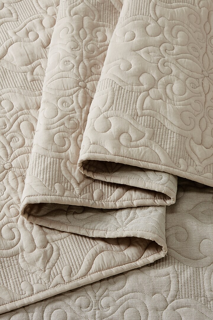 Beige Linen & Cotton Embroidered Bedcover Set by HOUMN at Pernia's Pop Up Shop