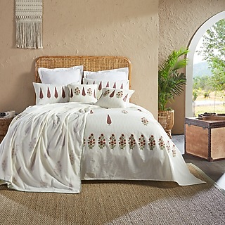 Cream & Red Cotton Block Printed Bedsheet Set by HOUMN