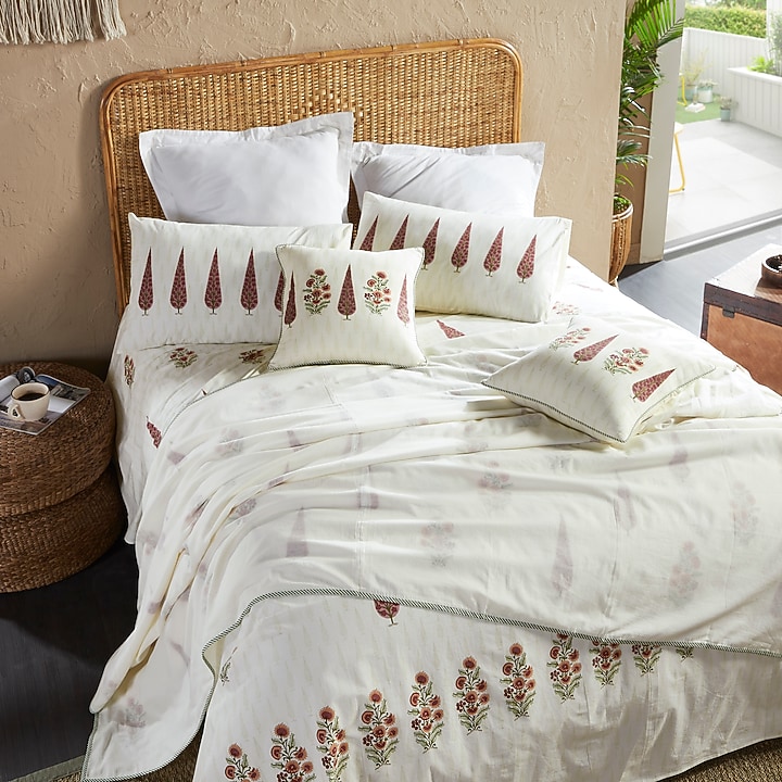 Cream & Red Cotton Block Printed Bedsheet Set by HOUMN at Pernia's Pop Up Shop