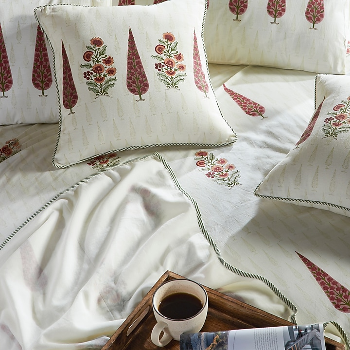 Cream & Red Cotton Block Printed Bedsheet Set by HOUMN at Pernia's Pop Up Shop